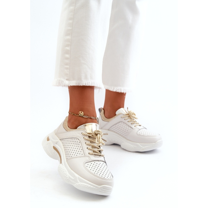 Jezzi Sportssneakers i læder til kvinder med tyk sål, hvid og guld 1
