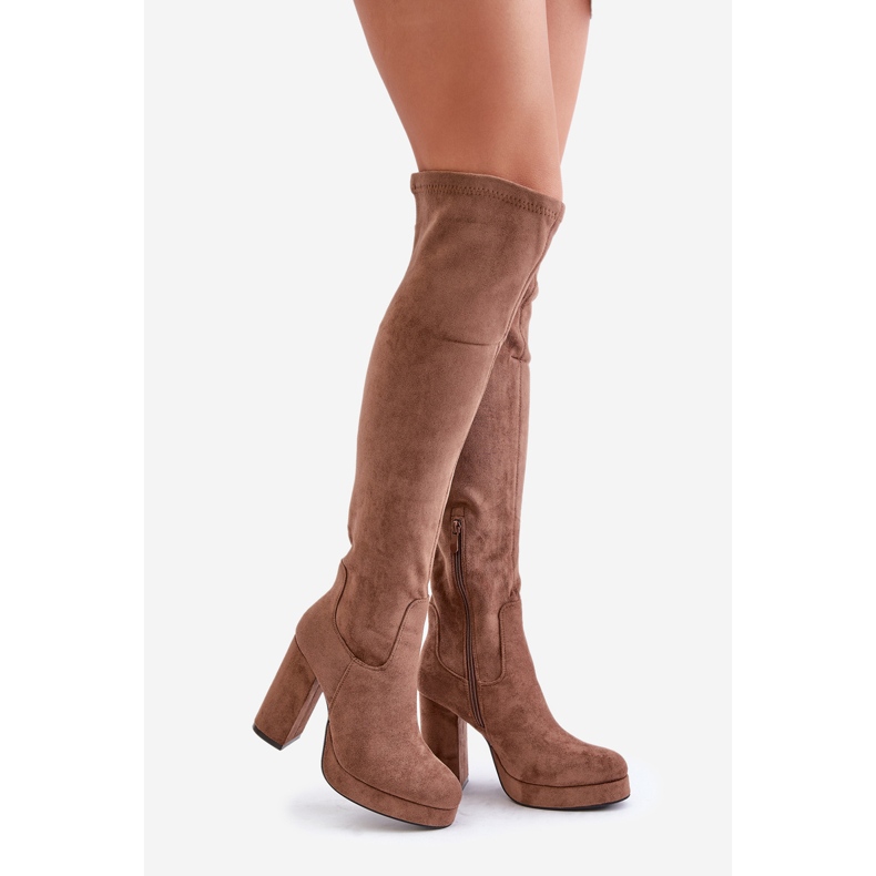 Højhælede og platformsstøvler med overdel over knæet, Eco Suede Dark Beige Zistaria 1