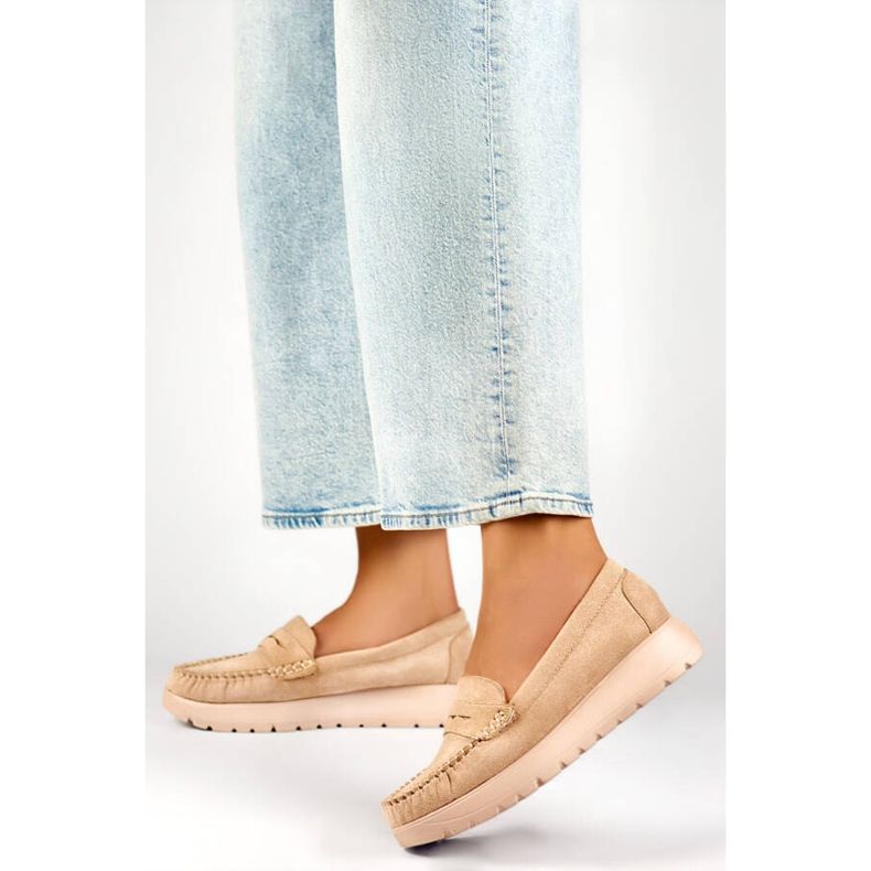 Damemokkasiner med tyk sål, beige ruskind 24-21338BE 2