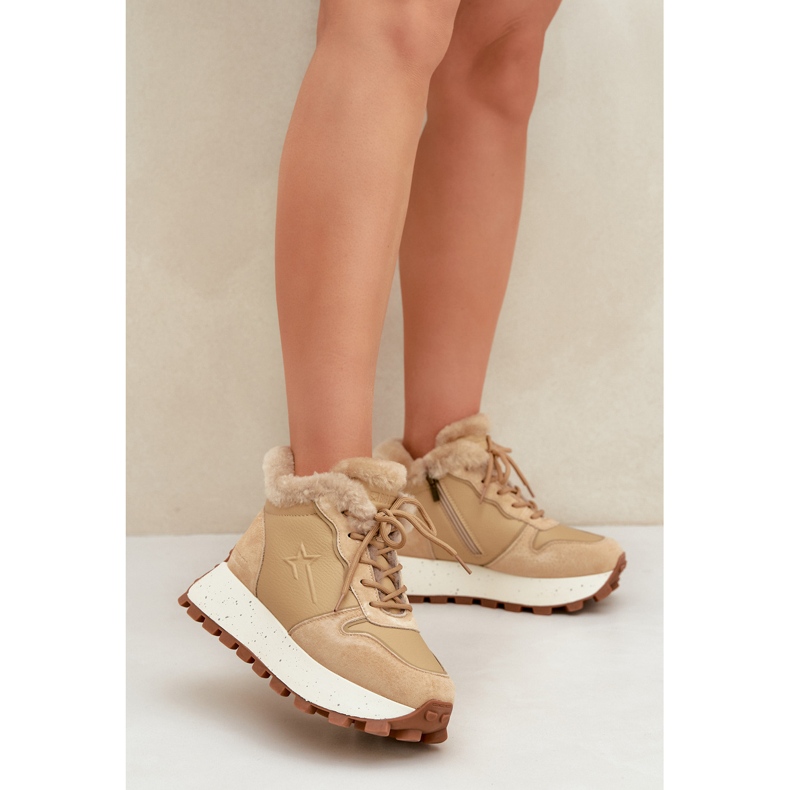 Big Star Dame læder Trapper sneakers med pels på den store stjerne platform OO274A330 Beige 2