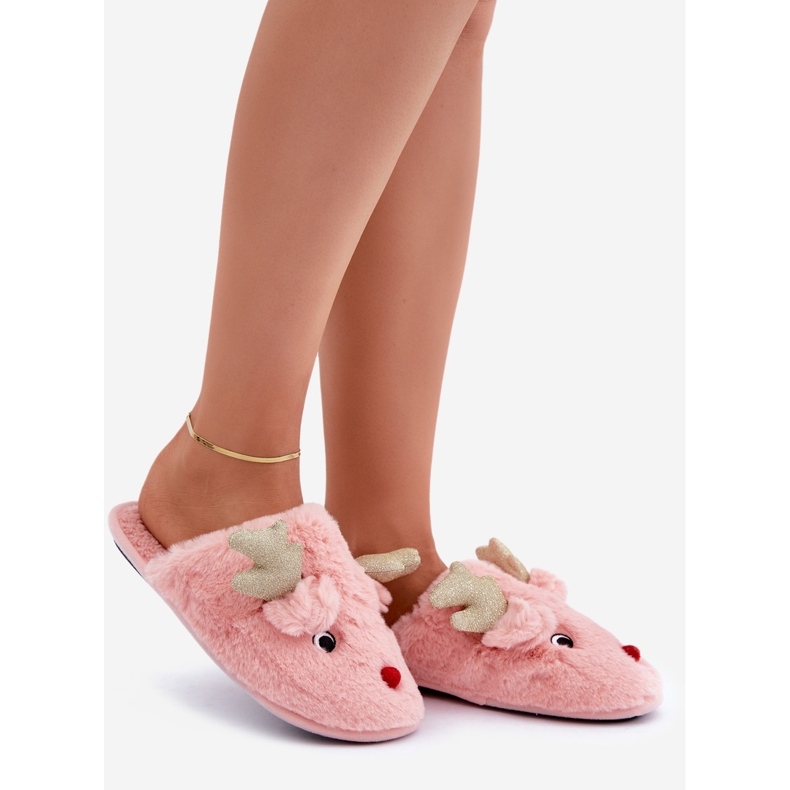 Pink Furry Juletøfler Med Rensdyr Motiv lyserød 1