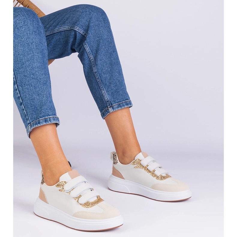 Beige kvindes sneakers til velcro dekoreret med glitter 1