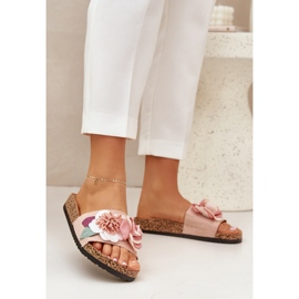 Kvinders flip flops med blomster på en korkplatform lyserød 2