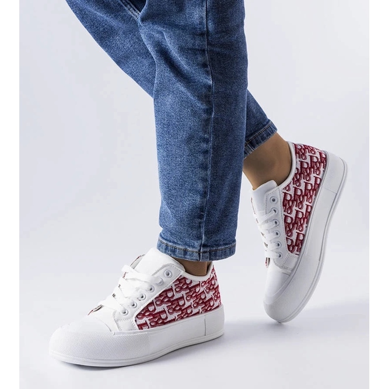 D/GMR Kvinders hvide snørede sneakers med et moderigtigt marquismønster rød 1