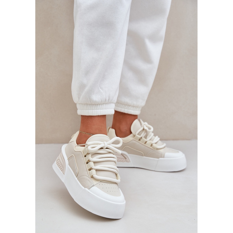 Kvinders sneakers med tykke snørebånd på platformen beige 2
