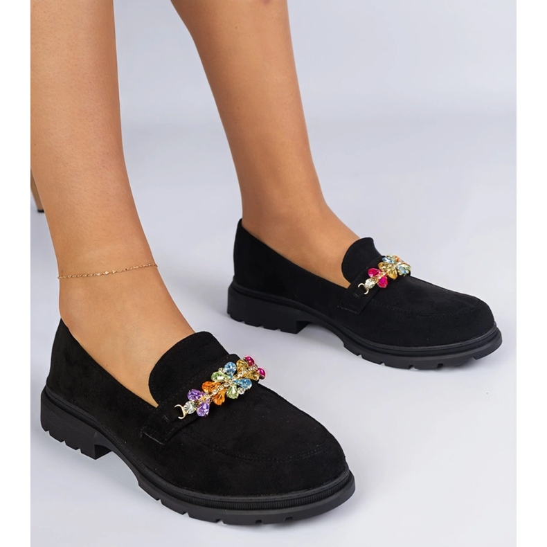 Sorte kvinders loafers dekoreret med sten 2