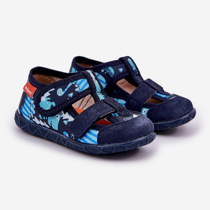 Børns hjemmesko til velcro med marineblå dinosaurier 1