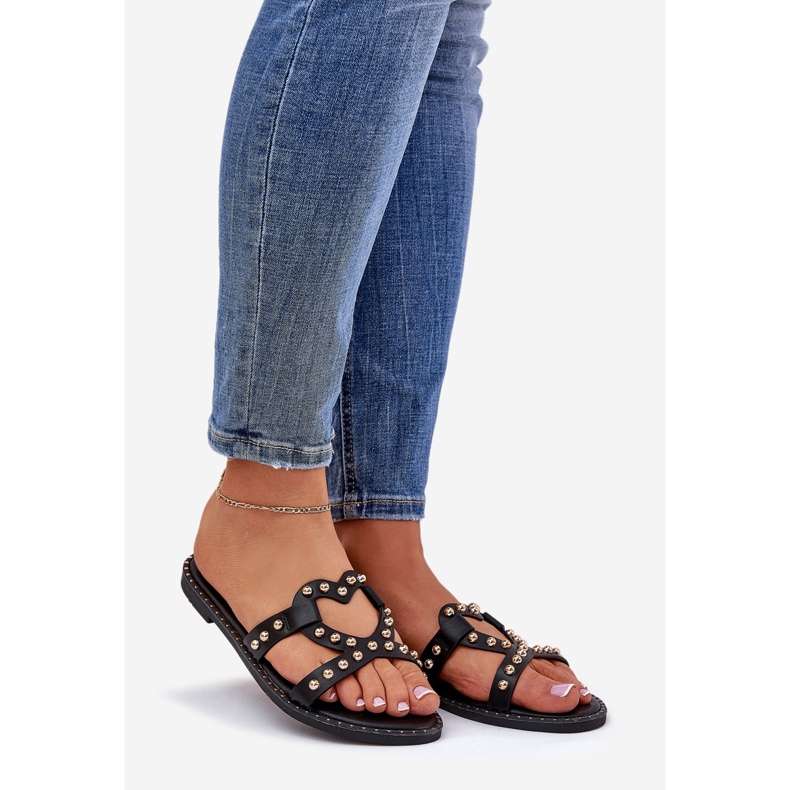 Dekoreret flad kvinders sorte flip flops 1