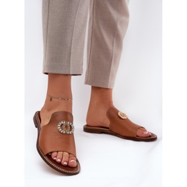 Elegant læder Kvinders flip flops med dekoration Zazoo 3008 kamel brun 2