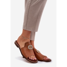 Elegant læder Kvinders flip flops med dekoration Zazoo 3008 kamel brun 1