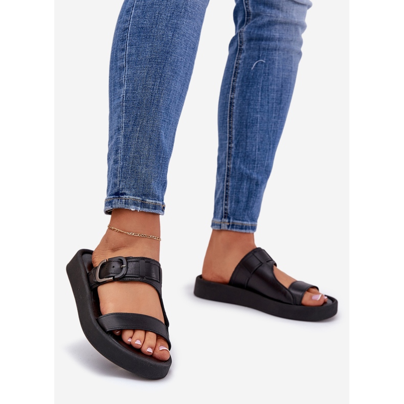 Kvinders læder flip flops på Zazoo 3024 Black Platform sort 1