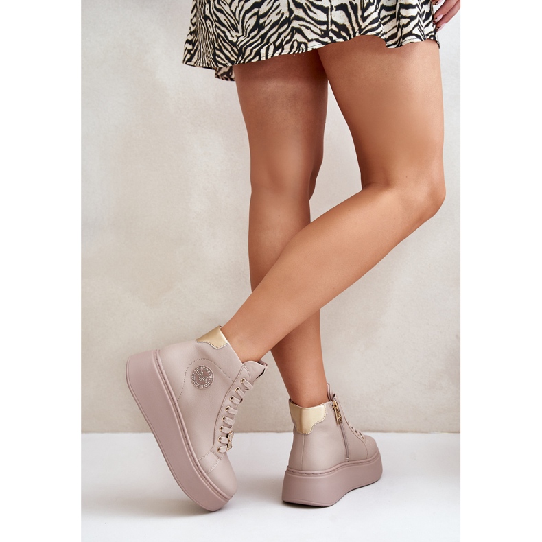 Høje lædersneakers til kvinder på platformen Vinceza 66707 Beige 2