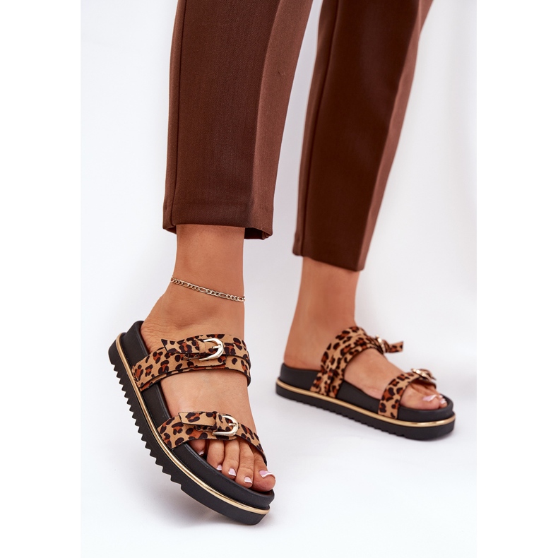 Kvinders hjemmesko med leopardprint på platformen med striber og klemmer brune 2