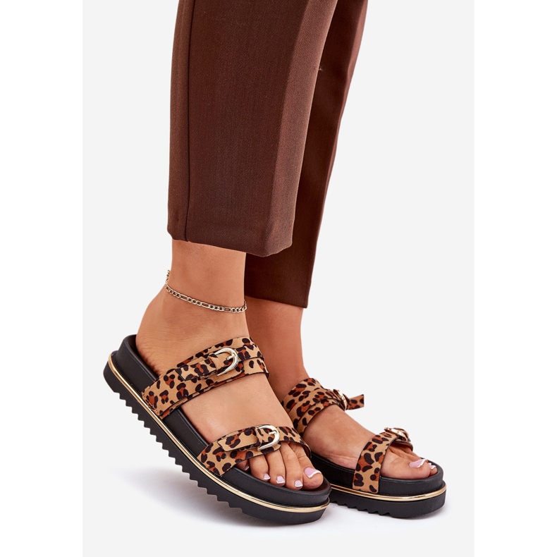 Kvinders hjemmesko med leopardprint på platformen med striber og klemmer brune 1