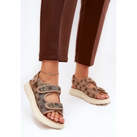 Kvinders mønstrede materiale sandaler med gyldne detaljer khaki beige 2