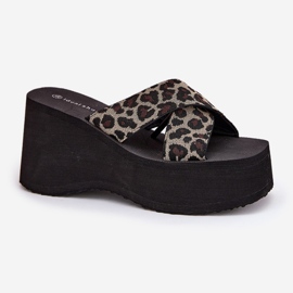 Kvinders flip flops på kile og platform leopard print sort beige 4