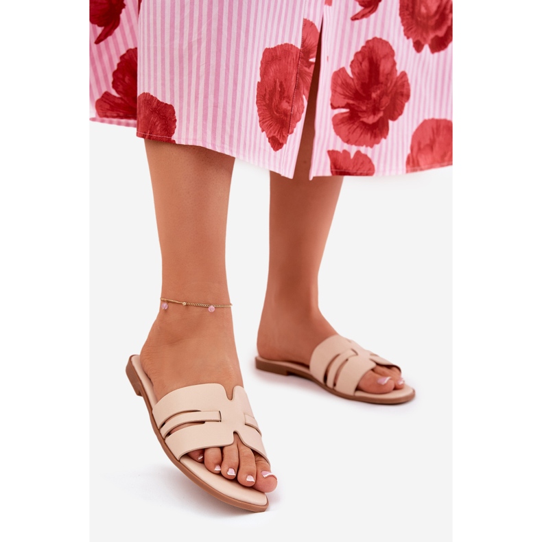 Flat -Hælede kvinders flip flops med øko læderudskæringer beige 1