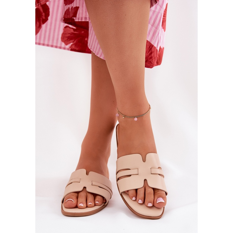Flat -Hælede kvinders flip flops med øko læderudskæringer beige 2