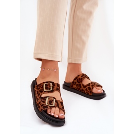 Kvinders hjemmesko med leopardprint på platformen med brune spænder 2