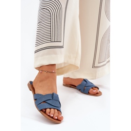 Flad kvinders flip flops med sammenvævet denimstriber blå 2