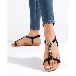 Sorte kvinders flade sandaler med dekorationer 2
