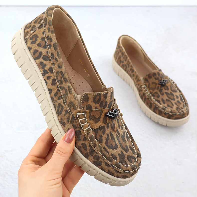 Læder Moccasins Women's Leopard Leopards Brown Helios 441 brun 1