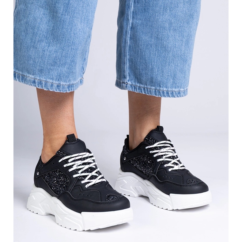 Sorte kvinders sneakers med glitterindsatser 2