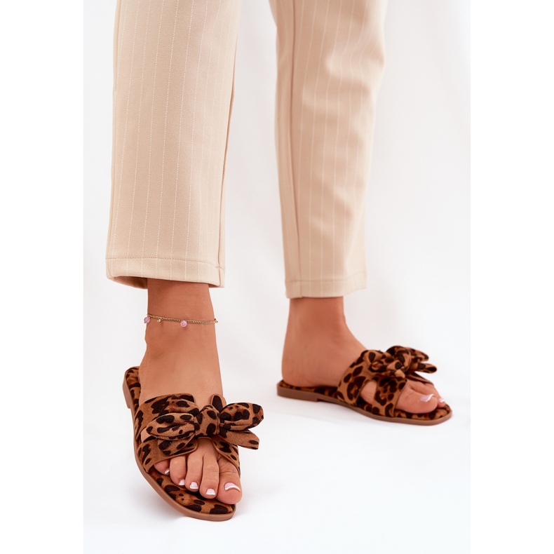 Flad kvinders flip flops med bow leopard bue brun 2