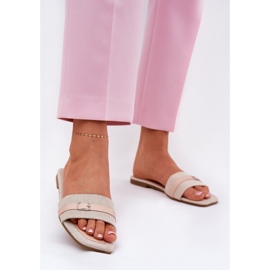 Flad kvinder flip flops med bælte og spænde beige 2