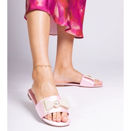 Pink satin flip flops med en bue i perler lyserød 1