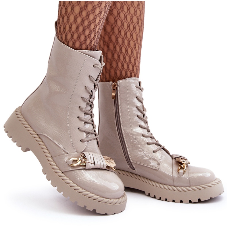 S.Barski Kvinders lakerede støvler Arbejdere med dekoration D&amp;A MR870-67 Light Beige 3