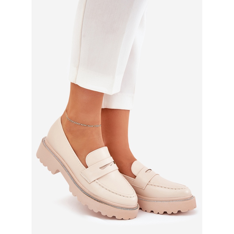 Kvinders øko læder loafers med zirkoner beige 1
