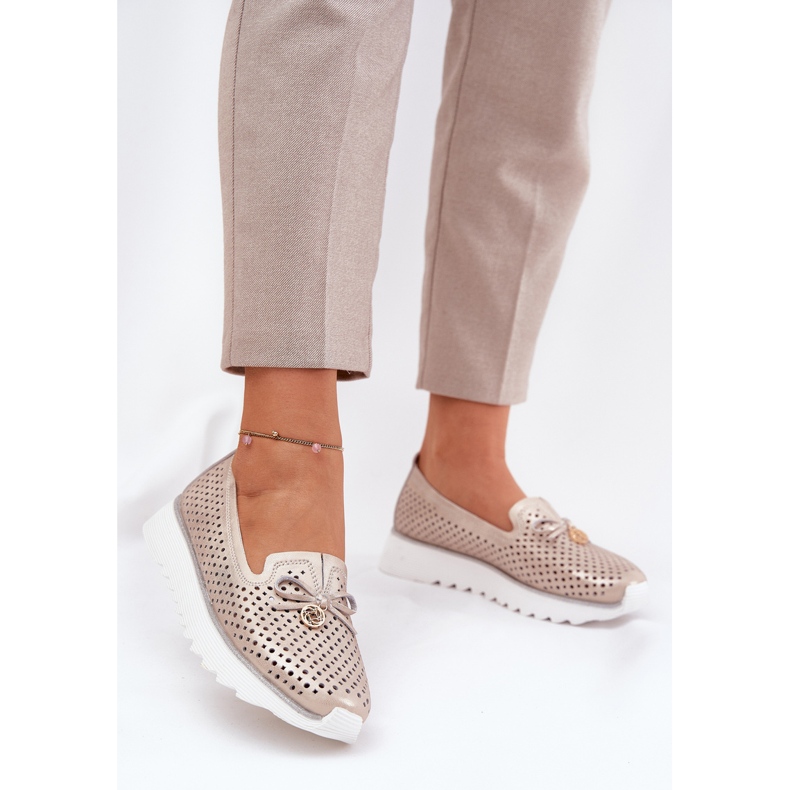 S.Barski Læder Openwork Women's Shoes lavet af naturlig læder LR51-631 PLN gylden 2