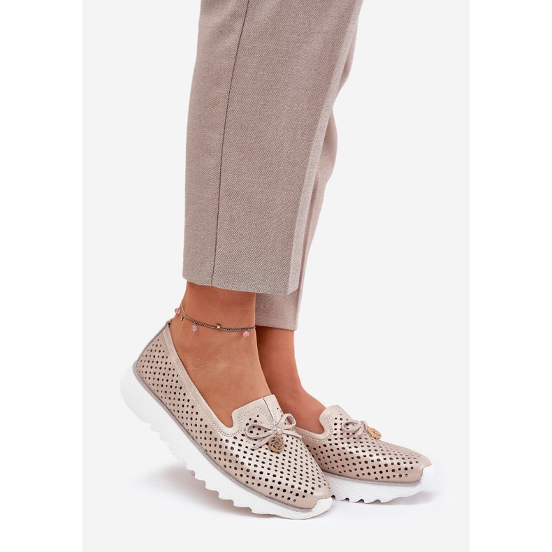 S.Barski Læder Openwork Women's Shoes lavet af naturlig læder LR51-631 PLN gylden 1
