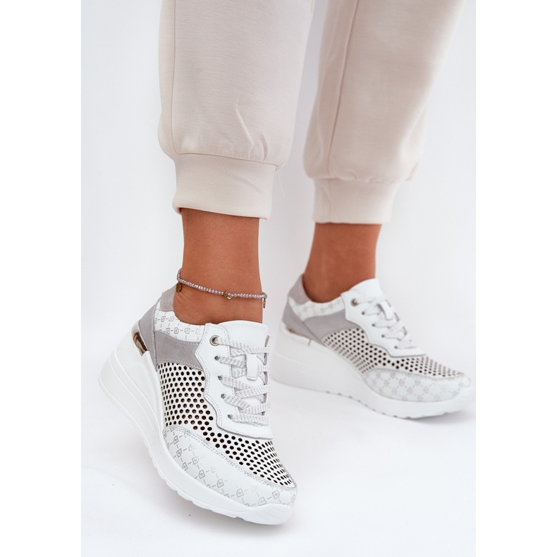 Læder Openwork Sports Shoes Sneakers på Wedge S.Barski LR51-641 White hvid 2