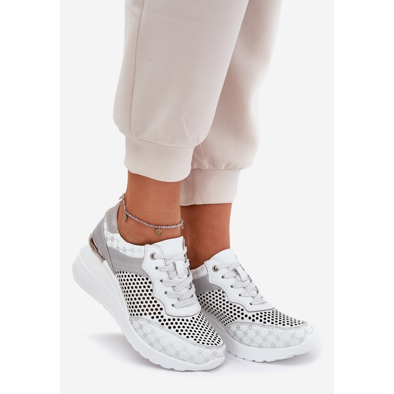 Læder Openwork Sports Shoes Sneakers på Wedge S.Barski LR51-641 White hvid 1