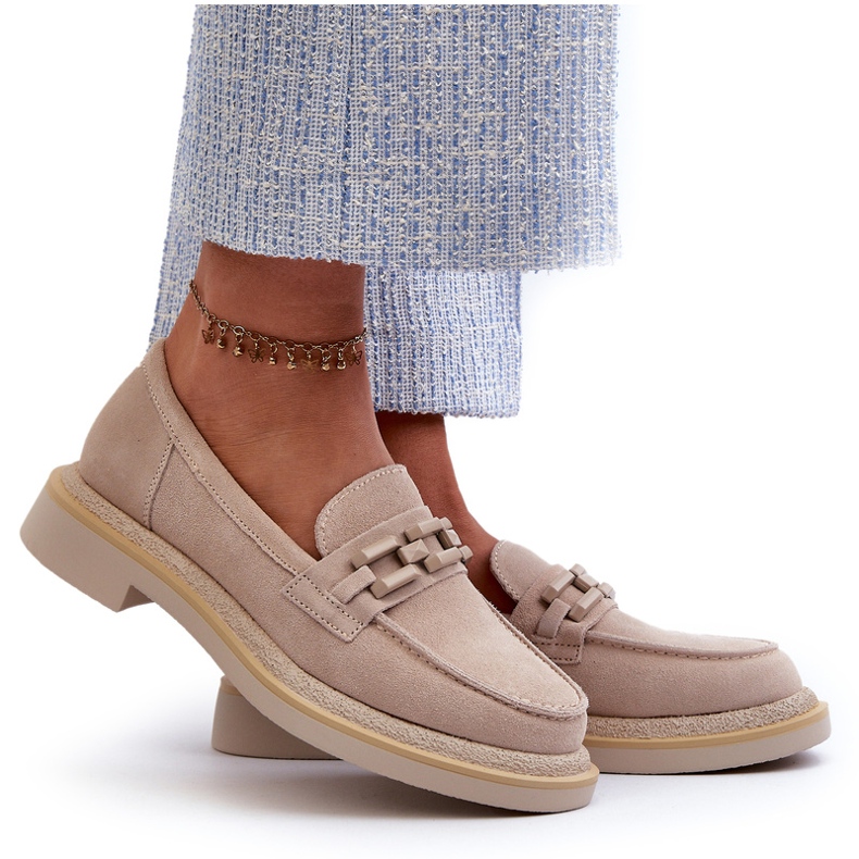 S.Barski Kvinders fladhælede læder loafers med dekoration TW101 Light Beige 4