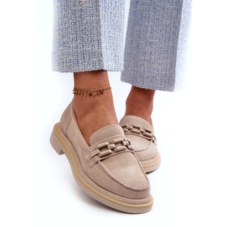 S.Barski Kvinders fladhælede læder loafers med dekoration TW101 Light Beige 2