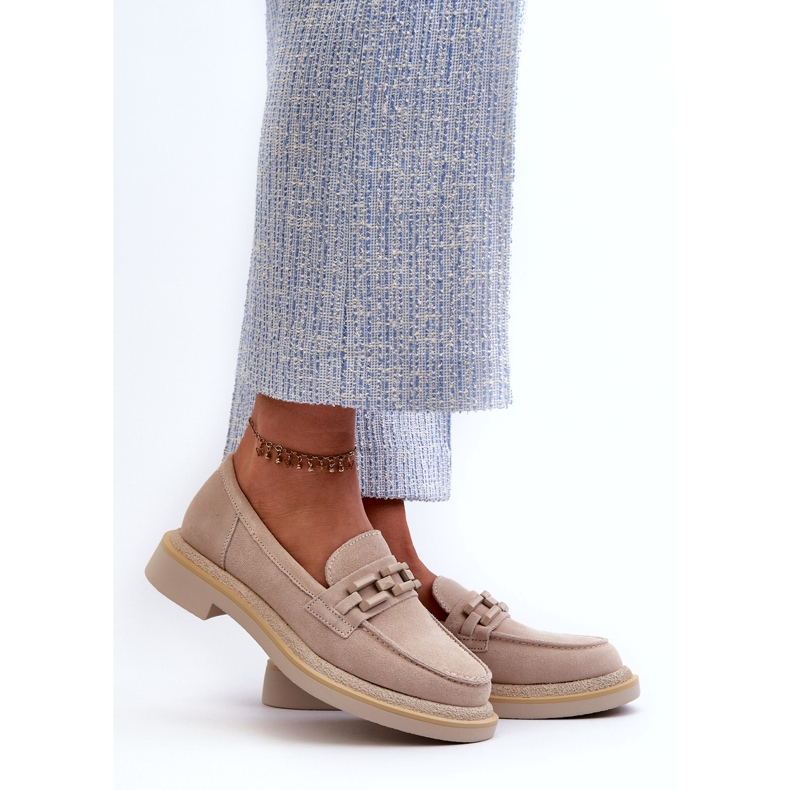 S.Barski Kvinders fladhælede læder loafers med dekoration TW101 Light Beige 1