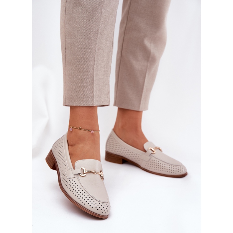S.Barski Women's Leather Loafers med fladhælet ornament S. BARSKI LR51-588 Beige 2