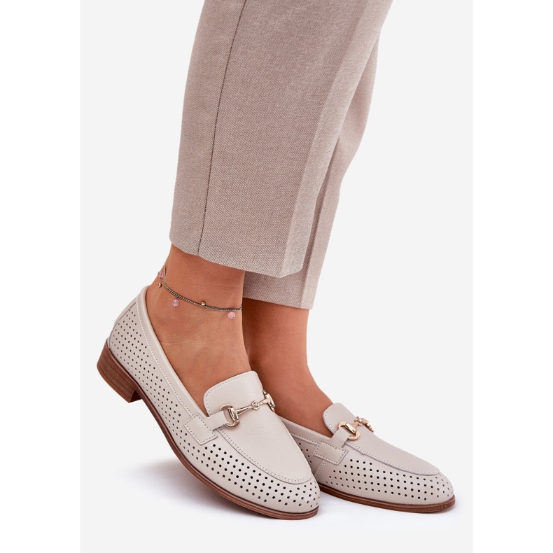 S.Barski Women's Leather Loafers med fladhælet ornament S. BARSKI LR51-588 Beige 1