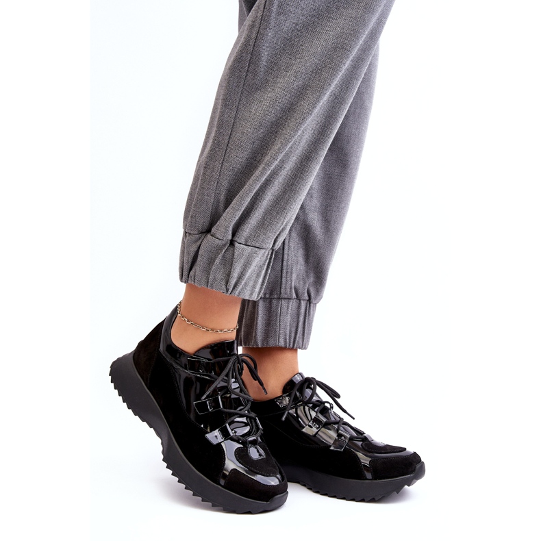 Læderlakerede kvinders sportssko M01/2 Zazoo Black sort 1