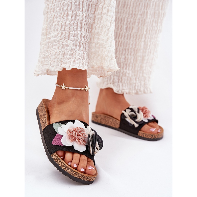 Evento Kvinders flip flops med blomster på korkplatformen sort 2