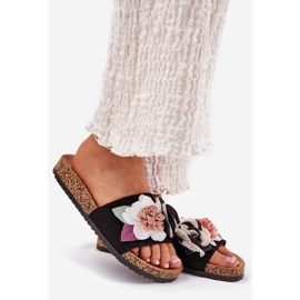 Evento Kvinders flip flops med blomster på korkplatformen sort 1