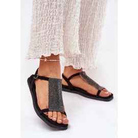 Flad elegante kvinders sandaler med Artiker 56C1370 Crystals Black sort 2