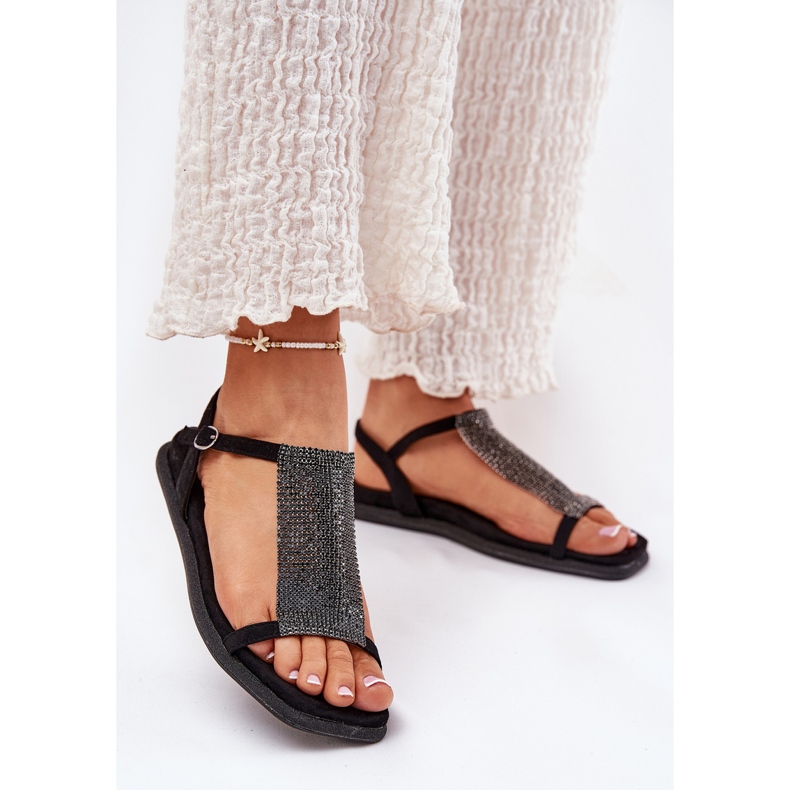 Flad elegante kvinders sandaler med Artiker 56C1370 Crystals Black sort 2