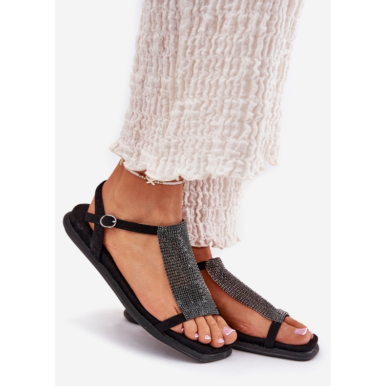 Flad elegante kvinders sandaler med Artiker 56C1370 Crystals Black sort 1