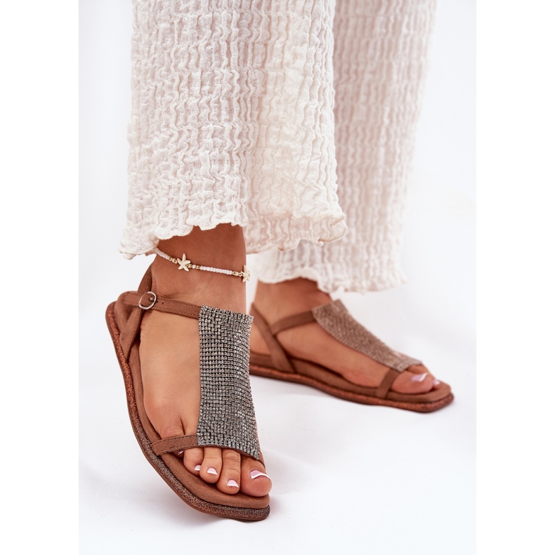 Flad elegante kvinders sandaler med artiker 56C1365 krystaller brune 2