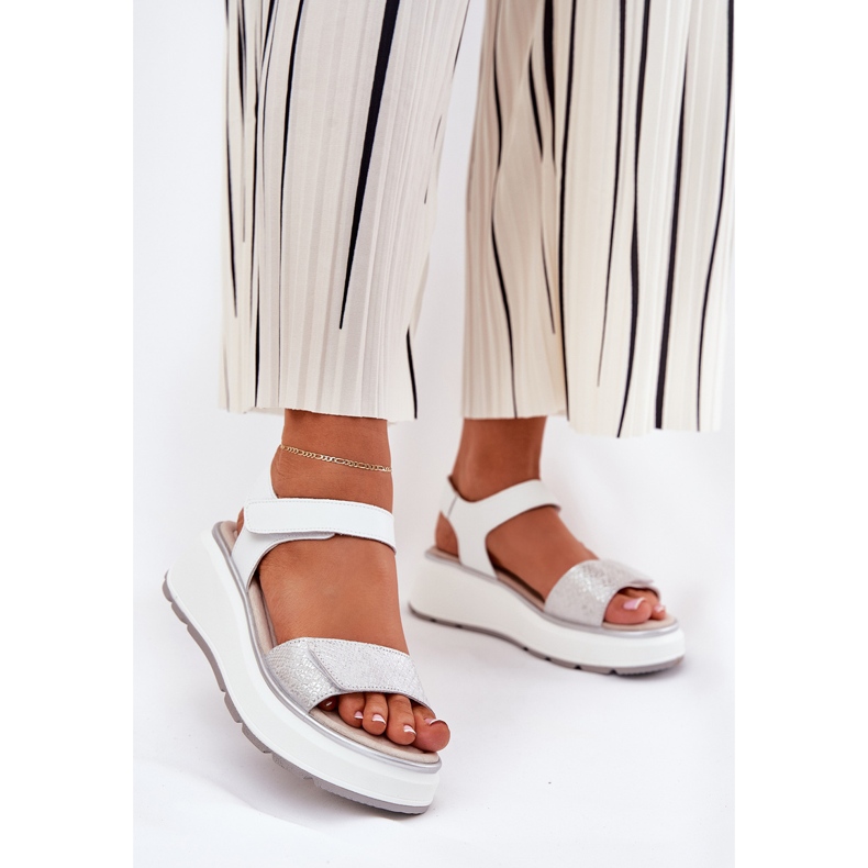 S.Barski Women's Leather Sandals Platform og Velcro Wedges S. Barski LR51-543 Sølv 2