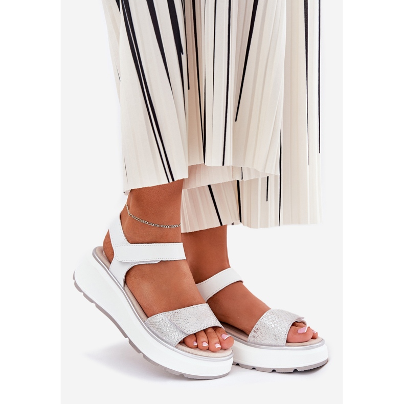 S.Barski Women's Leather Sandals Platform og Velcro Wedges S. Barski LR51-543 Sølv 1